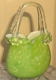 Vintage Art Glass Chartreus Green Hand Bag With Applied Handle - 5.5 X 3 X 9.25'H