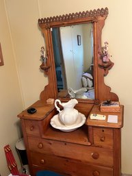 Antique Victorian Eastlake Scrubbed Pine Dresser With Mirror, 4-Drawers And Area For Pitcher & Basin