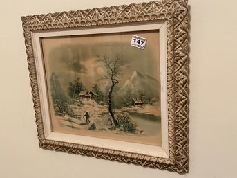 Antique Color Lithograph Of Winter Scene In Elaborate Silver Frame