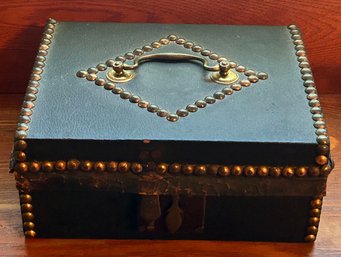 Antique Leather Bound Document Box With Brass Nail Head Trim, Includes Contents - 9.5 X 7 X 4.25' H