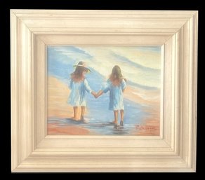 Original Framed Painting On Board Two Little Girls Strolling Beach Hand-In-Hand, By P. Watkins, 15.5' X 14'H