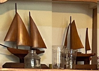 2 Pcs Similar Hand Carved Wooden Sail Boats - 9.5 X 2.25 X 10' H