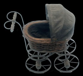 Vintage Woven Iron Wheel And Canvas Baby Doll Carriage, 7' X 13' X 18'H