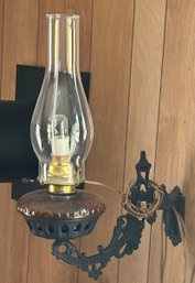 Vintage Electrified Black Cast Iron Swinging Kerosene Lamp Wall Sconce, Amber Font - 6 X 10 X 16.5' H