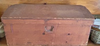 Antique Wooden Storage Chest In Red Paint, Missing Lock And Hinges - 24 X 13 X10.5'