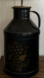 Black Tole Cream Can With Gold Stenciling Made Into Table Lamp - 8.25 X 27' H