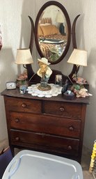 Antique 2-Over-2 Drawer Dresser With Tilting Oval Mirror - 35.5 X 18.5 X 68.5' H