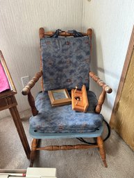 Vintage American Country Rocking Chair With Arms And Blue Upholstery 22 X 30 X 34' H