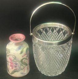 2 Pcs Deep Cut Glass & Silver Plate Ice Bucket4.75' Diam. X 10' & Glazed Flower Vase5.5'H