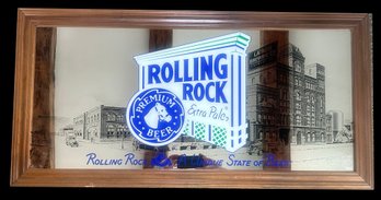 Vintage Framed Rolling Rock Extra Pale Beer Advertising Mirror, 48.25' X 24.25'H