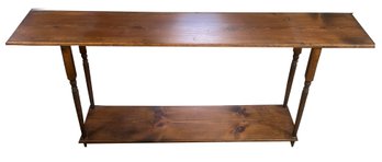 Vintage Long Narrow Pine Sofa Console Table With Lower Shelf And Turned Supports, 60' X 11.5' X 26'H