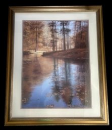 Large Double Matted And Framed Print Of Trees Reflecting In Water, 34.25' X 41.25'H