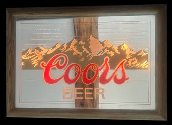 Vintage Oak Framed Lighted Coors Beer Advertising Mirror, 24.75' X 17'H