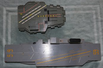 Two Model Ship Toys - 1 Wooden Aircraft Carrier - 1 Plastic (micro Machines?) With Airplanes