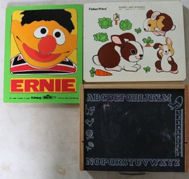 Two Vintage Wooden Child's Puzzles And Childs Play Box W/contents