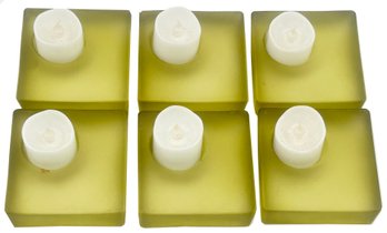 6 Pcs West Elm Green Satin Glass Candle Votive Holders, 3.5' Sq X 1.25'H, Battery Operated Votives Included