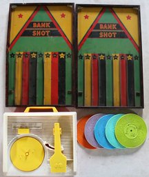 Lot: Two 'Bank Shot' Game Boards And Fisher Price Music Box Record Player With 5 Records - Works