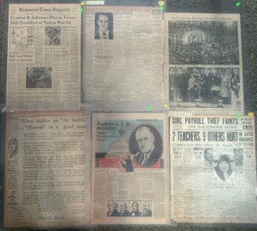 6 Plastic Sleeves With Full-Page Newspaper Headlines, Various Newspaper And Subjects, 16.75' X 24.75'H