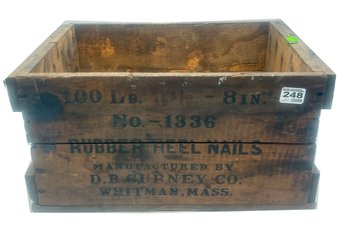 Vintage D.B. Gurney Co. Rubber Heel Nail 100 Lbs Wooden Crate, 16.5' X 11' X 8.5'H