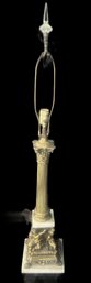 Vintage Heavy Cast Brass Column Lamp W/Putti And Marble Base And Accent, 3.5' Crystal Finial, 7' Sq X 40.5'H