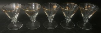 5 Pcs MCM Gold Rim & Flora Design Stemmed Martini Bar Glasses, 3.25' Diam. X 4'H