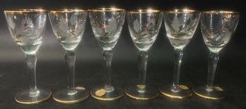6 Pcs MCM Etched Gold Rim & Flora Design Stemmed Liqueur Glasses, 1.75' Diam. X 4-5/8'H