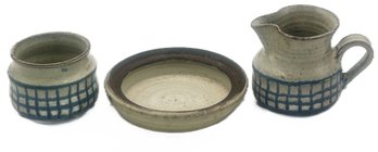 3 Pcs Vintage MCM Studio Stoneware Pottery, Creamer & Sugar Bowl And Ashtray, Each Signed 'N. Glidden'