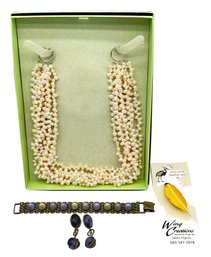 Multi-Strand Natural Pearls, Matching Bracelet & Earrings And Hand Painted Feather Pin