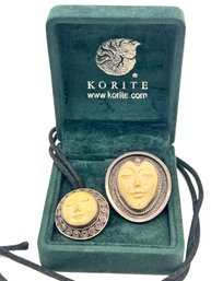 2 Pcs Authentic Korite .925 Sterling & Mammoth Ivory Necklace Adornments, Pendants, In Box