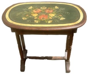 Antique Oval Single Drawer Work Stand With Tole Painted Top, On Turned Spindle Legs, 30' X 19' X 26'H