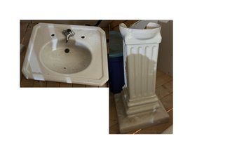 Vintage Porcelain Sink And Stand, 2 Pieces, Basin 30' X 24' And Stand 13' Sq X 24'H
