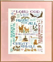 Unusual Matted & Framed Needlepoint All Creatures Great And Small