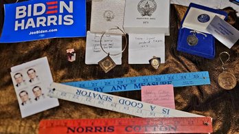 Large Political Lot Across The Aisle! Buttons, Books, Poster, Jewelry, Matchbooks & More