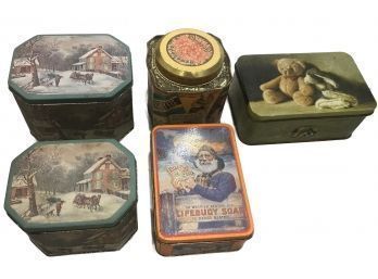 Vintage Group Of 5 Lithograph Advertising Tins Various Sizes, Shapes And Brands