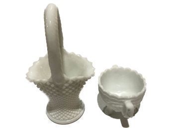 Vintage Milk Glass Basket And Tri-foot Sugar Bowl