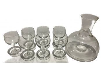 Vintage Set Of 7 Clear Crystal Wine Glass Ans Hand-Blown Decantor Carafe