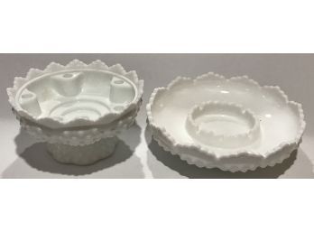 Milk Glass Marked Fenton Hobnail Ashtray And 6-Candle Holder