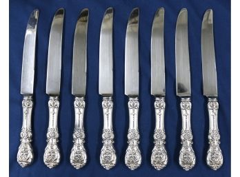 Eight - Reed & Barton - Francis 1 Style - Sterling Silver Handle Dinner Knives - 9 1/2' Long - Stainless Blade