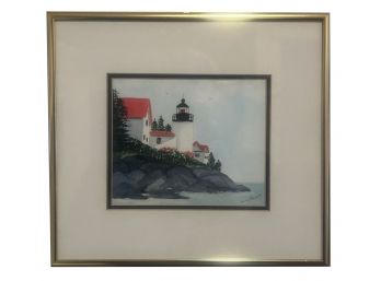 Matted And Brass Framed Original Watercolor Of Lighthouse Signed Mary Hamlet, 10.25' X 9.25'H