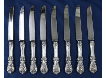 Eight - Reed & Barton Francis 1 Style Sterling Silver Handle Dinner Knives - 8 3/4' Long - Stainless Blade