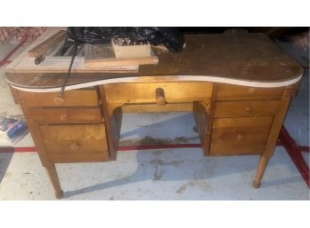 Vintage Maple Kidney Shape Dressing Table With Glass Top, 46.25' X 20.5' X 29.25'H