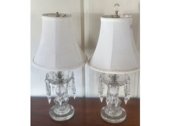 Pair Of Crystal Boudoir Lamp With Hanging Prisms (One In Dining Room & One In Formal LR), 10.5' Diam. X 20.5'H