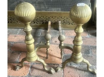 Pair Antique Brass Fireplace Andirons With Paw Feet, 9' X 19' 18'H