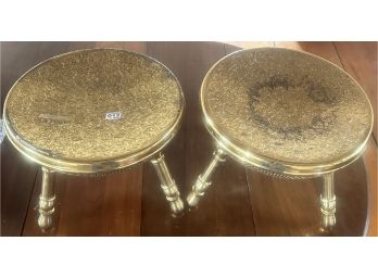Spectacular Pair Brass 3-Legged Stools With Highly Etched Tops And Removeable Turned Legs, 14' Diam. X 22'H