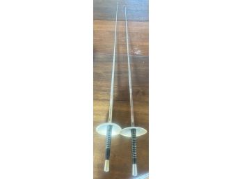Pair Similar Fencing Swords With Enamel Work On Hand Guards, 4' X 41'L