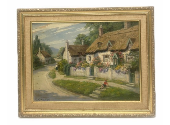 Oil On Board Of English Thatched Roof Cottage, Signed Listed Artish C.P. Shilton, 20' X 14.75'H