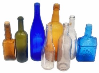 8 Pcs Antique And Vintage Glass Bottles, Blue, Green, Amber, And Clear, Tallest 12.25'H