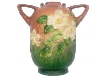 Vintage Roseville 979-6 White Rose Two-Handle Vase In Dusty Rose, 4.5' Diam. X 6.5' X 6.5'H