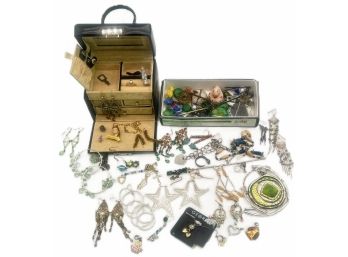 Costume Jewelry Lot And Small Travel Jewelry Box, Earrings, Rings, Necklaces And More