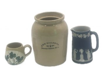 3 Pcs Stoneware - Wedgwood Pitcher, 5.25'H, Irish Made Mug And 'The Wales Co. Newton Centre, MASS' Crock, 7.5'